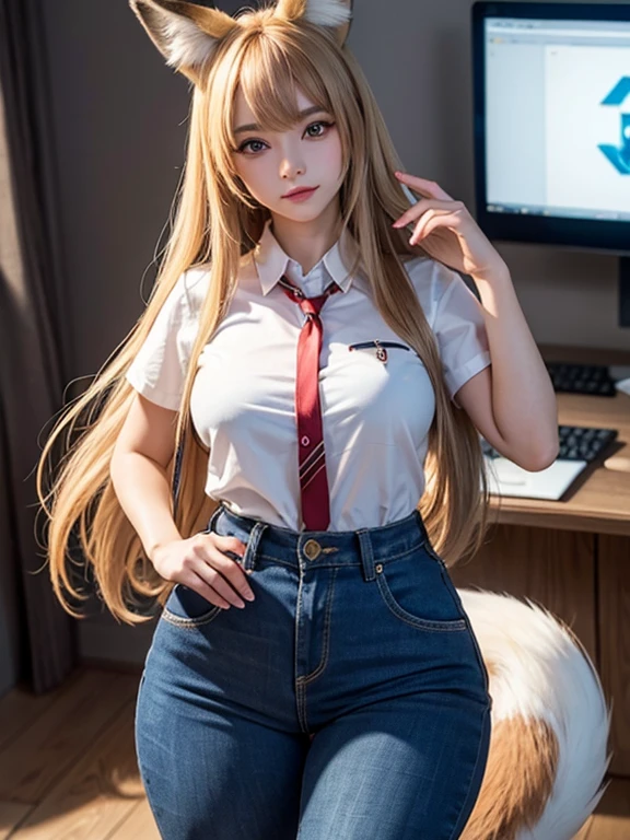 ((Highest quality)), ((masterpiece)), (Familiar), Perfect Face, fox lady, Pretty girl, Fox Ears, Fox tail, She has a northern fox tail, She wags her fluffy tail, She is a pretty office worker., Beautiful hip line, Thick thighs, One big tail, The tail is sticking out of the pants, Nice body, Shyly staring at his tail, Only one tail, a shy face
