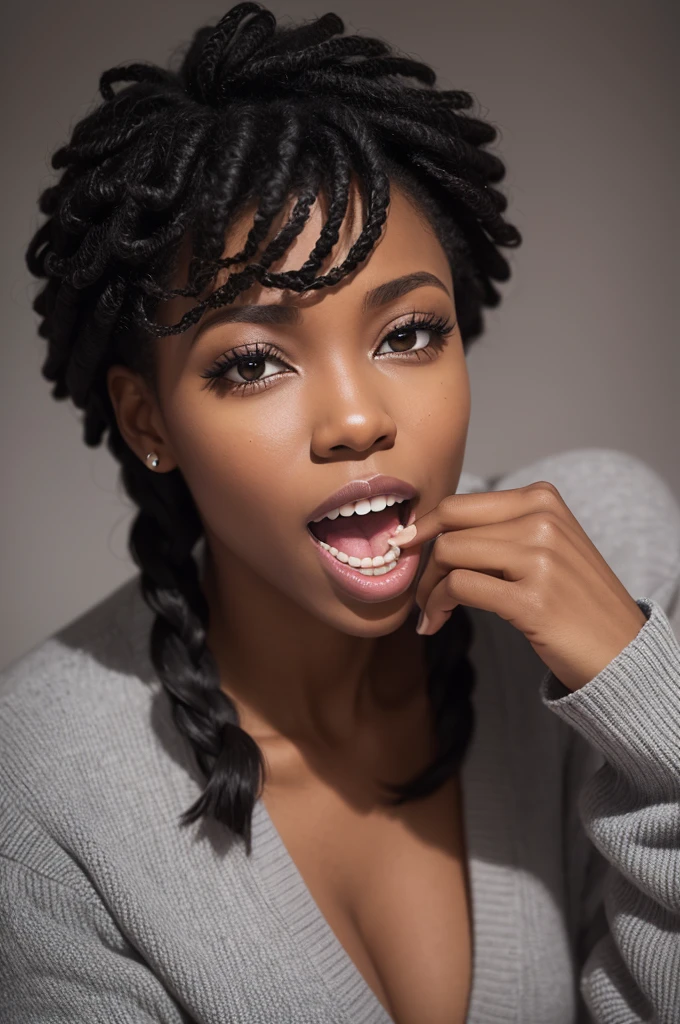 A Black Woman Biting A Word In A Calm Environment