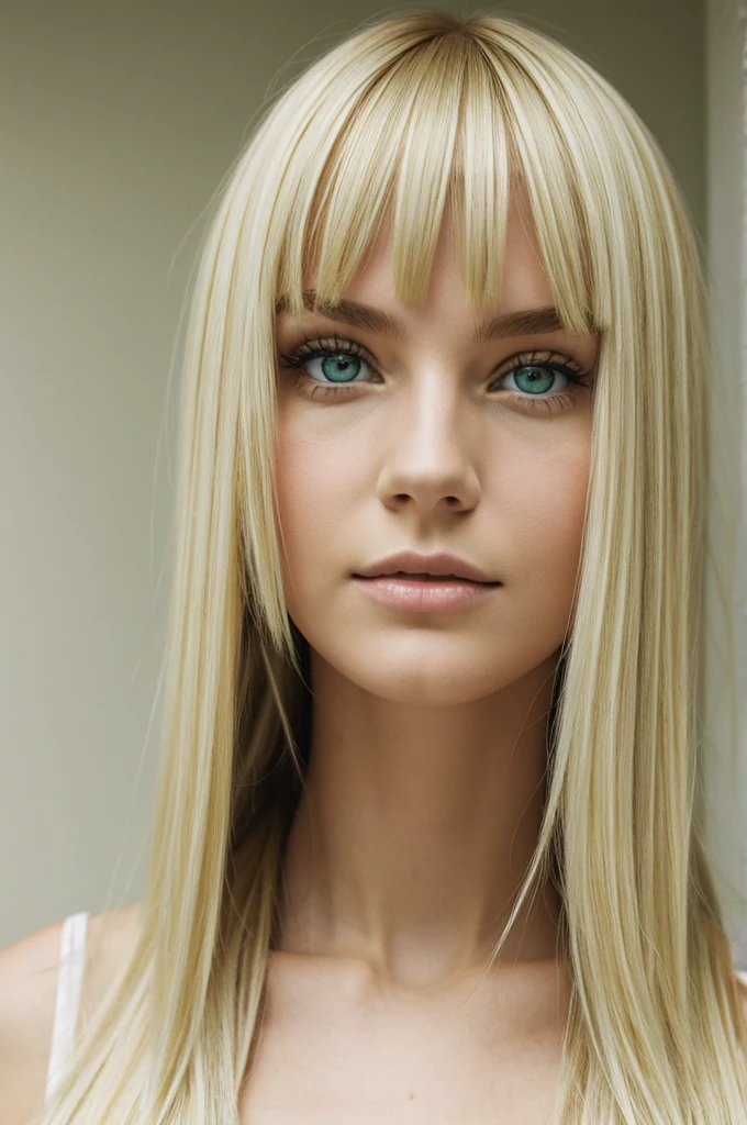 a blonde girl,green eyes,with fringe,thin and white