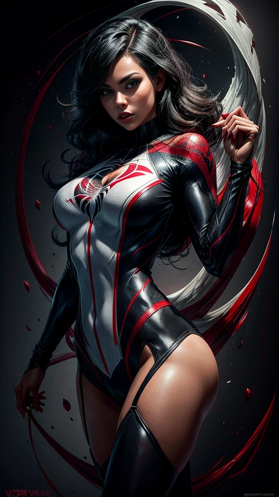 spider gwen, Hot, partial , hightquality, Dynamic sexy Poses, Beautiful, Gorgeous, In love,Short suit, spider in a suit, white black red suit, Latina Adult model Daisy Marie