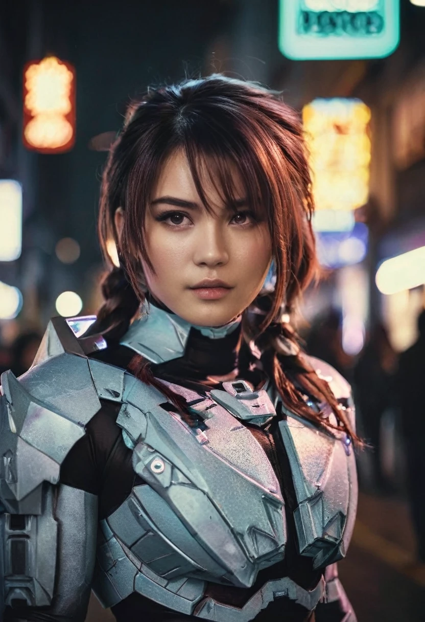 (realistic analog style sharp focus 8k raw photo with soft lighting and high quality:1.1), (hdr film grain:1.2),movie poster, a cute woman wearing a shiny (textured:1.2) (intricate:1.2) cyborgcosplay in a dark street at night, (cinematic hairstyle:1.2)
