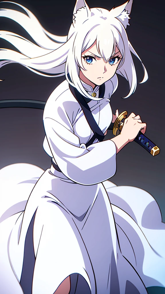 1girl ,solo,20s,mature female,white hair,long hair,fox ears,(simple background),white shirt,white skirt,serious,battoujutsu