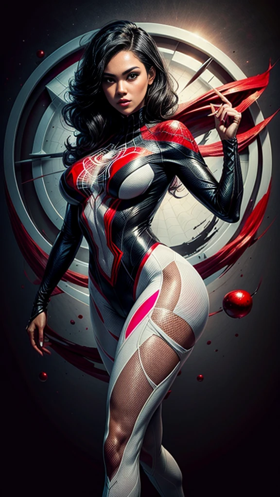 spider gwen, Hot, partial , hightquality, Dynamic sexy Poses, Beautiful, Gorgeous, In love,Short suit, spider in a suit, white black red suit, Latina Adult model Daisy Marie