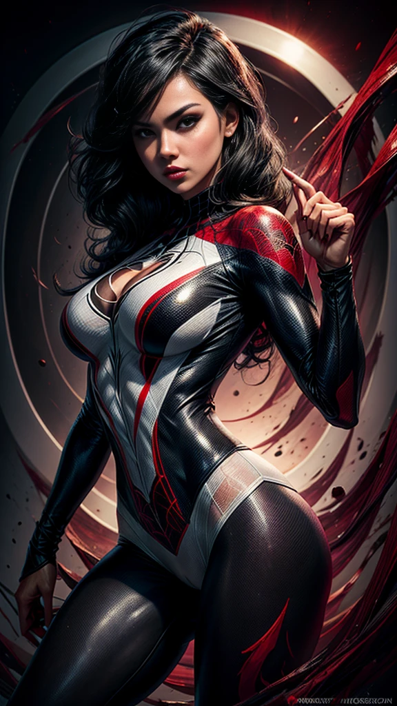 spider gwen, Hot, partial , hightquality, Dynamic sexy Poses, Beautiful, Gorgeous, In love,Short suit, spider in a suit, white black red suit, Latina Adult model Daisy Marie