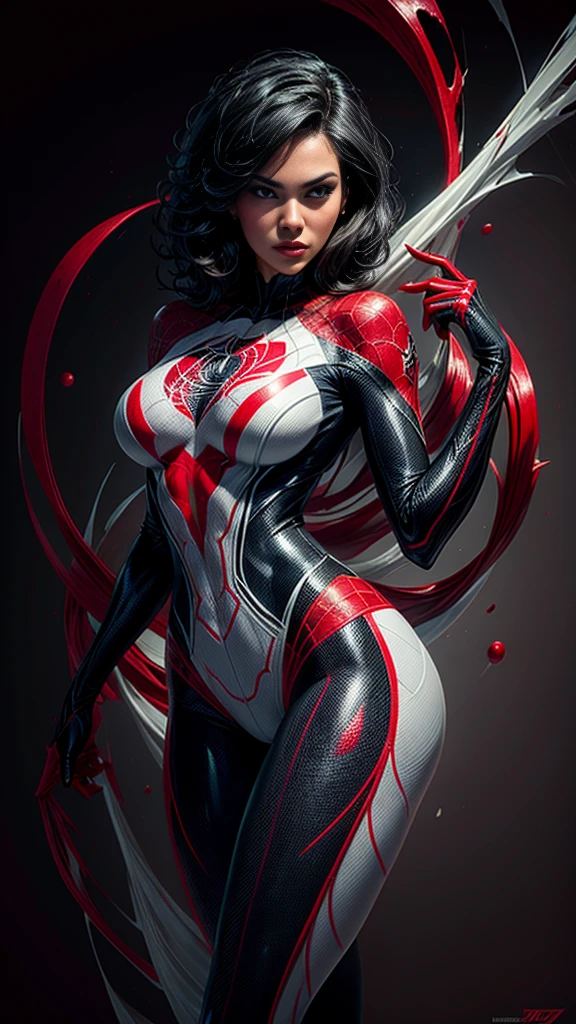 spider gwen, Hot, partial , hightquality, Dynamic sexy Poses, Beautiful, Gorgeous, In love,Short suit, spider in a suit, white black red suit, Latina Adult model Daisy Marie