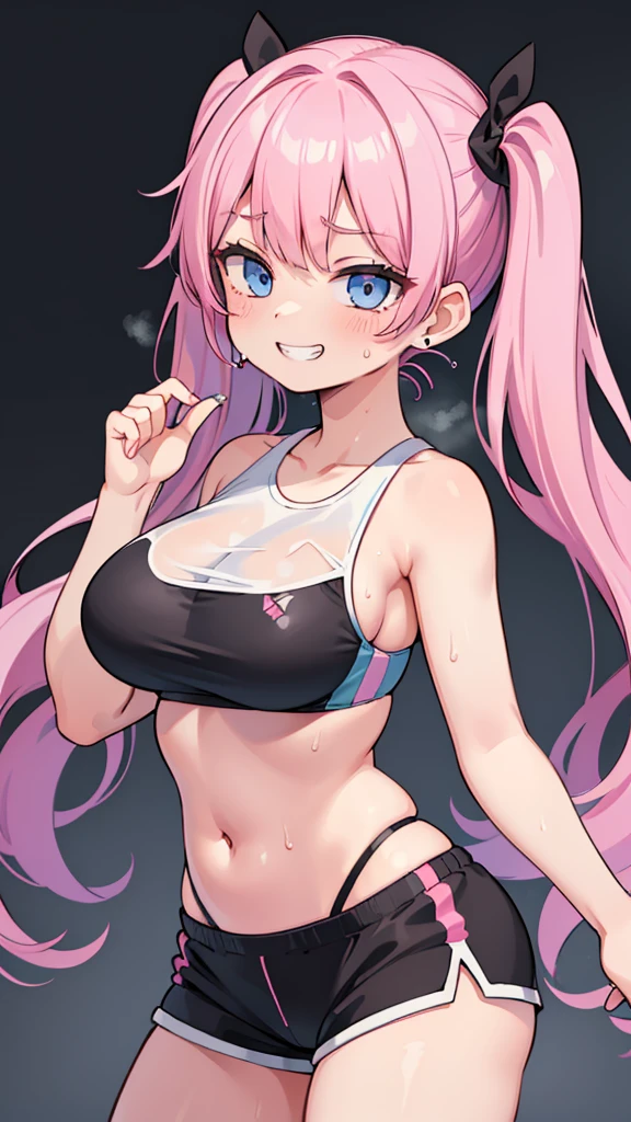 (masterpiece、highest quality、Super detailed)、((One girl))、((Pink Hair))、((Twin tails))、((Light blue eyes))、evil smile、((Grin))、((Sweat))、Earrings、((Very large breasts))、((black sports bra))、((black sports short shorts))、Cowboy Shot、Sports gym background