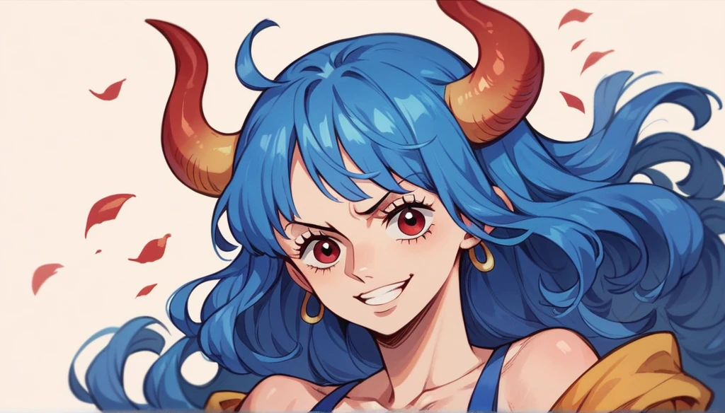 a female character from one piece with very long blue hair and very red eyes