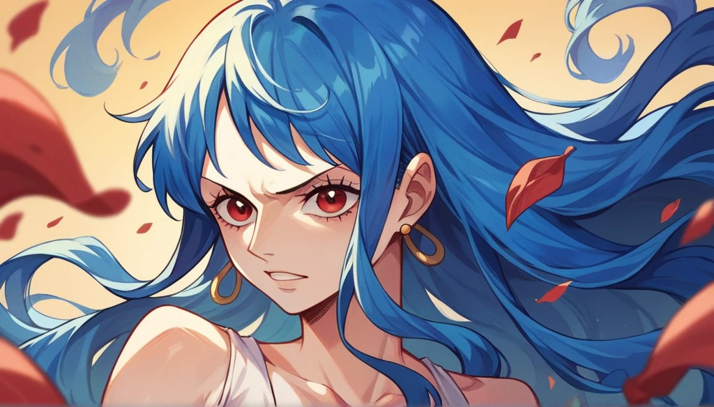 a female character from one piece with very long blue hair and very red eyes