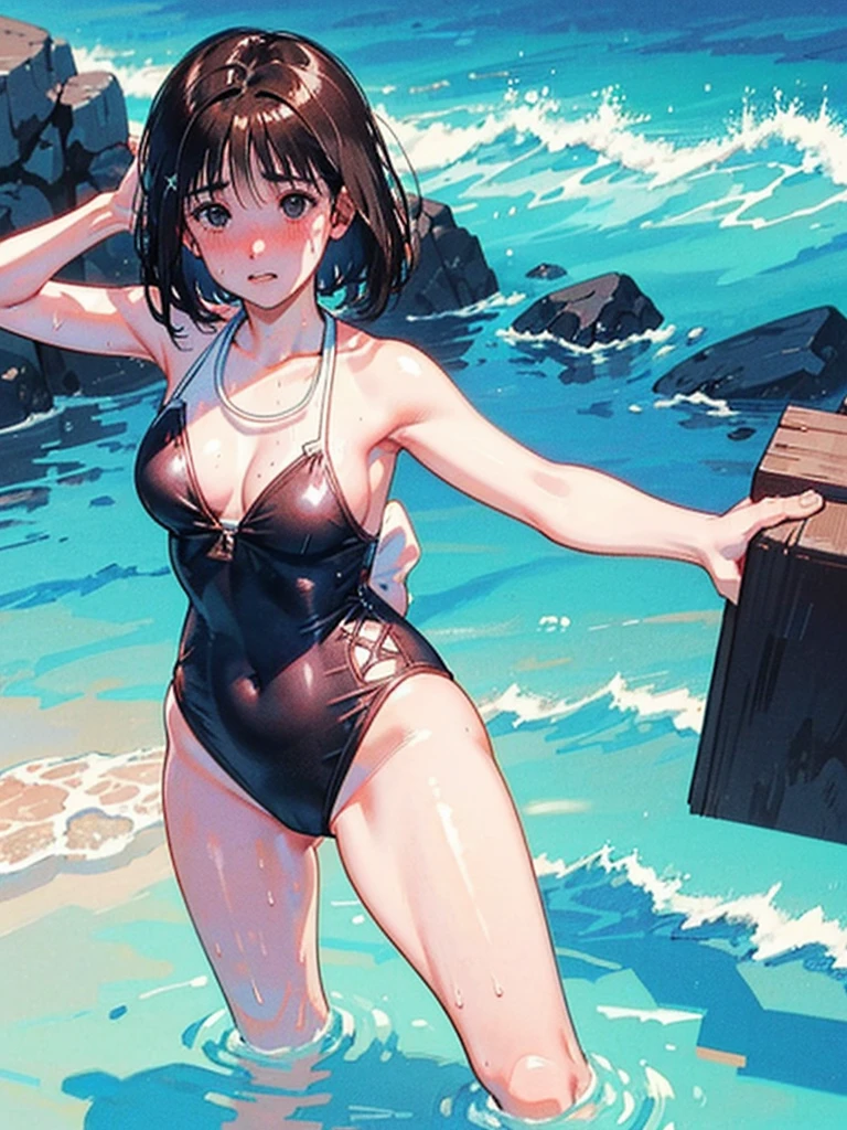 Random patterned swimsuit、Random patterned swimsuit,Swimsuit,Blushing、Medium Hair、Black Hair、Black Eyes、Head to toe full body、Blushing、Embarrassed look、Composition from the front、A view from slightly below、school swimwear、Acme Face、Random pose、, 、nsfw、Highest quality、1 girl、solo、Ocean、Sandy Beach、Sexy pose、Random pose、Blushing、wet、Embarrassed、I can see half of my 、、One piece swimsuit、(Strap slip:1.3)、