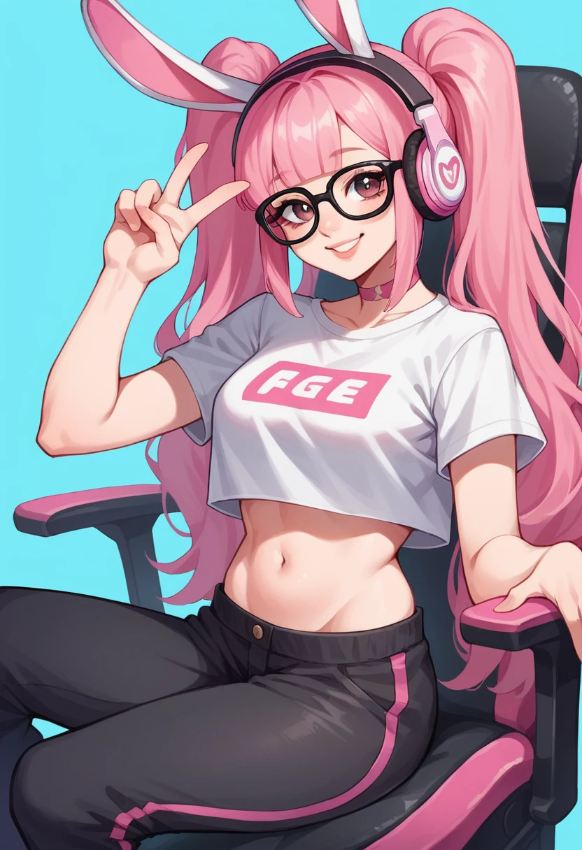 Masterpiece, pink gamer headphones, white gamer headphones, perfect face, smile, vramslace, 1girl, solo, long hair, looking at viewer, pink deer animal ears bangs, shirt, navel, twintails, pink hair, perfect hair, glasses, choker, midriff, pants, blunt bangs, rabbit ears, two-tone hair, lips, crop top, v, blue background, t-shirt, black-framed eyewear, sitting, pink racing chair, white racing chair