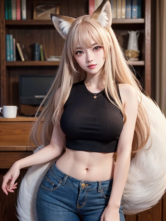 ((Highest quality)), ((masterpiece)), (Familiar), Perfect Face, fox lady, Pretty girl, Fox Ears, Fox tail, She has a northern fox tail, She wags her fluffy tail, She is a pretty office worker., Beautiful hip line, Thick thighs, One big tail, The tail is sticking out of the pants, Nice body, Shyly staring at his tail, Only one tail, a shy face