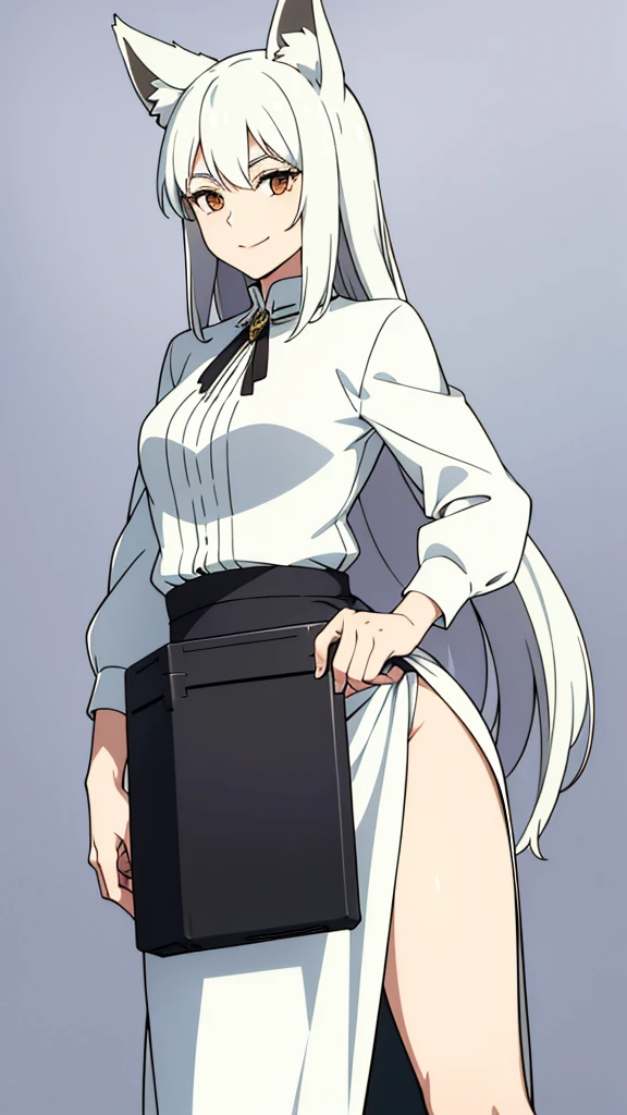 1girl ,solo,20s,mature female,white hair,long hair,fox ears,(simple background),white shirt,white skirt,smile,shrugging