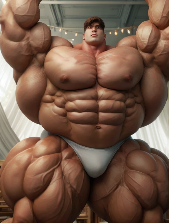 1boy, giant, giant bodybuilder, stand, illuminating light, strong body, bulk, large size, staring, armpit, in the white photo studio room, nude, jute triangular underwear, prominent bulge, extraordinary big, brutalmass, giant, muscular body, bulk, buff, massive body, large meaty body size, extremely wide body