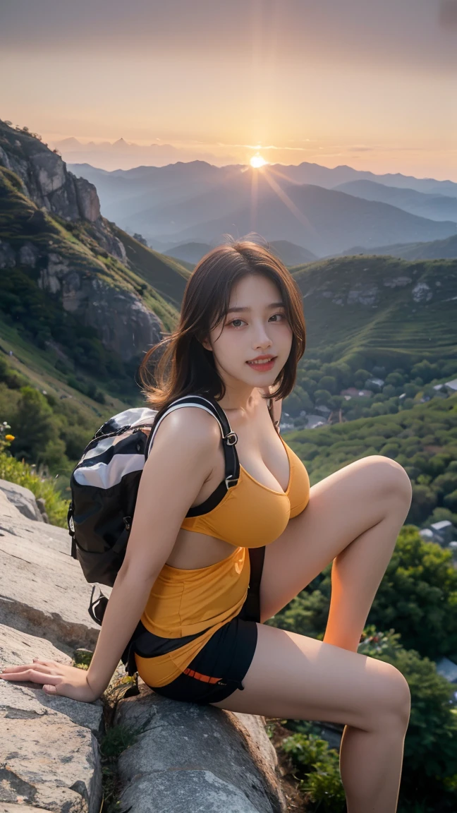 no, Ray tracing, Radio City, Anisotropic filtration, 16,000, best quality, 1 woman, alone, matures,  beautiful mountain climber, Hiking clothing, Gradient long hair, climbing equipment、laugh、orange sunset、((big breasts ))、valley