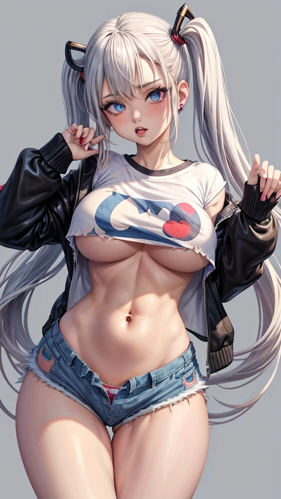 Harley Quinn in, twin-tailed hair, blue eyess, a navel, Look at viewers, put hands on the hip, Black jacket, Dolphin Shorts, Rat trail section, (white shirt:1.2), wet see through shirt, wide waist, busty, thick thighs,
underboob showing, able to see nipples through clothes,
big\(BodyProportions\),