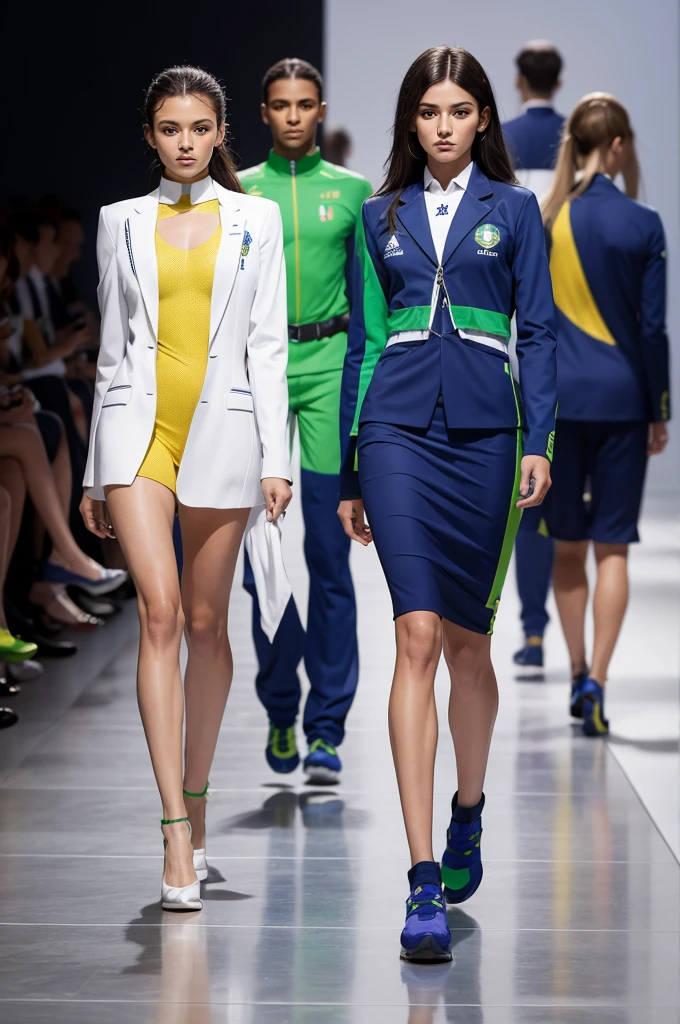Uniforms for Brazilian Olympic cerimonial men e women athletes inspired by French haute couture brands like chanel or Dior. Delicate prints of Brazilian reference. Terno azul ou verde e pequenos detalhe em amarelo.