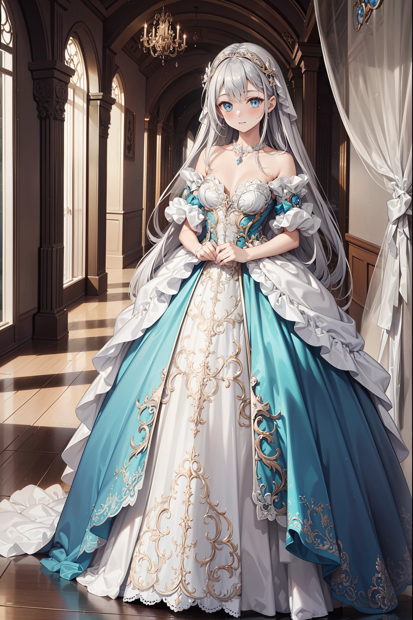 (best quality,4K,8K,high resolution,masterpiece:1.2),Extremely detailed,,,magic,enchanting,joy,Holy Goddess,magical effect,Silver Hair,blue eyes,Transparent dress,Beautiful decoration,Features of the magical costumes of the heavens，A small amount of sky blue cloth,Exquisite clothing,Layered Skirt,detailed lace,Delicate ruffles,bedroom,Solitary,night,Lace pantyhose,Sacred stripes,Transparent clothing,jewel embellishment