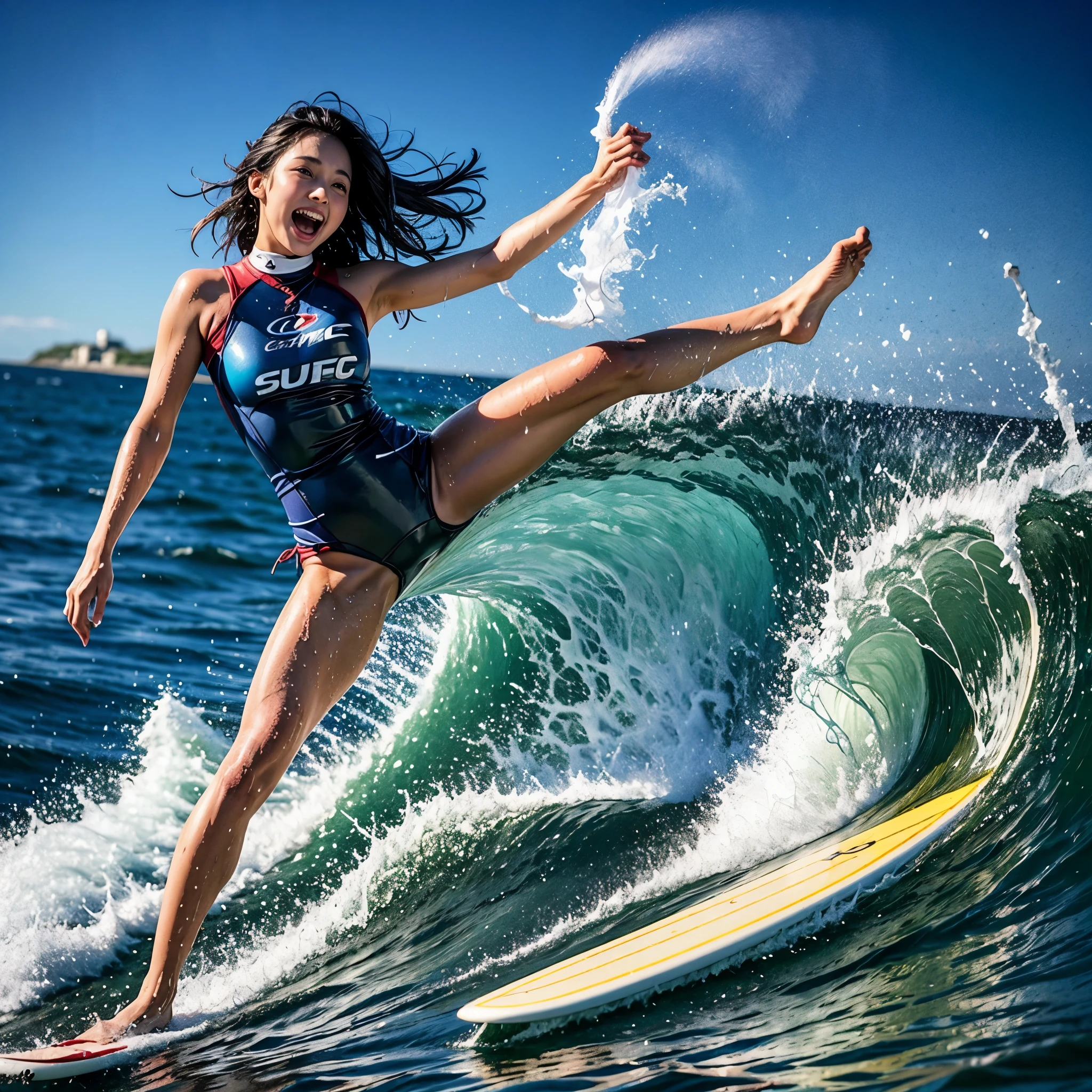 (ZoomedOut:1.28, Wide-shot) (Epic photo of surfer magazine:1.37). (Everything Wetted:1.6) WetHair (extremely detailed KAWAII wet face)(SparklingHighlights:1.28), Dynamic Joyful Expressions LifeLike Rendering  (ManoErina:1.0) . Overflowing Gigantic Sideboob, Detailed wet clothing texture, (Starry Iridescent Particles), (Sloppy Surfboard:-1.2) Riding on waves