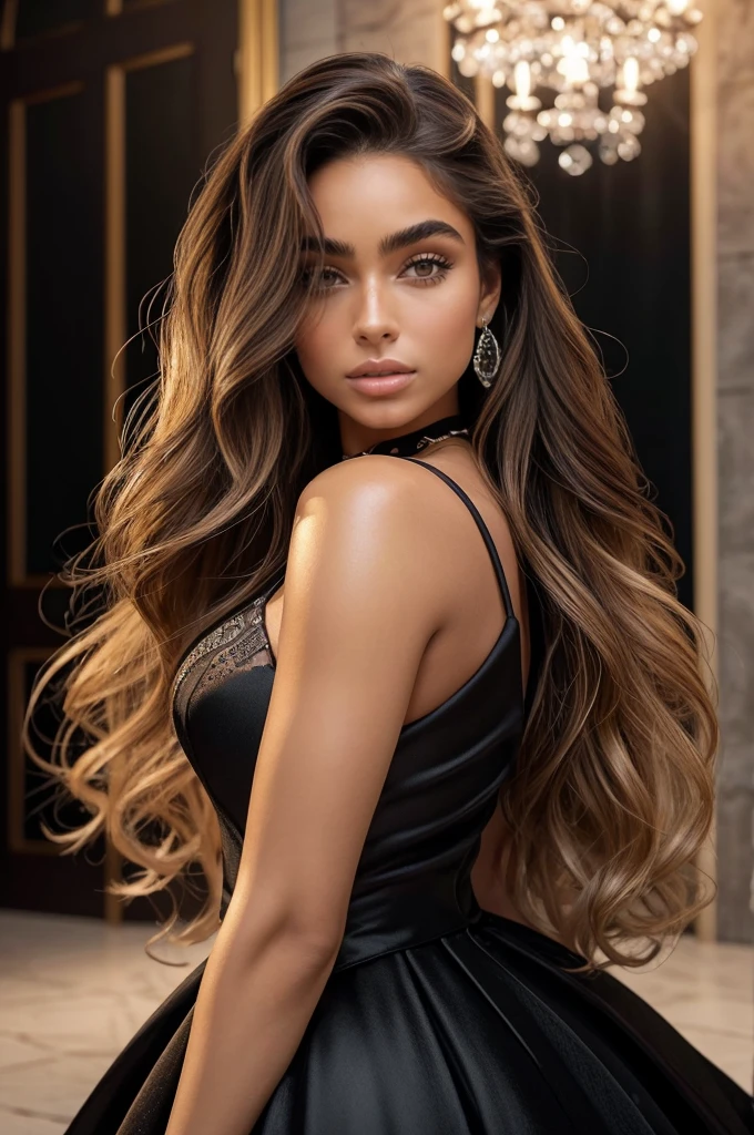 (best quality,ultra-detailed,realistic:1.37),beautiful,perfect Sommer Ray face,long eyelashes,dark mesmerizing eyes,full pouty lips,flawless porcelain skin,striking cheekbones,perfectly shaped eyebrows,sultry expression,fierce gaze,beautifully styled hair,golden brown locks,subtle highlights,gorgeous natural curls,radiant beauty,alluring charm,ageless elegance,iconic beauty,ultimate symbol of grace and sensuality,captivating presence,graceful and confident posture,fashionable,stylish outfit,classy and sophisticated,black evening gown,breathtaking red carpet look,glistening diamond jewelry,elegant accessories,dazzling personality,enigmatic and mysterious aura,classic black and white portrait,artistic concept,masterpiece of art,majestic lighting,soft and delicate color tones,enchanting ambiance,ethereal atmosphere