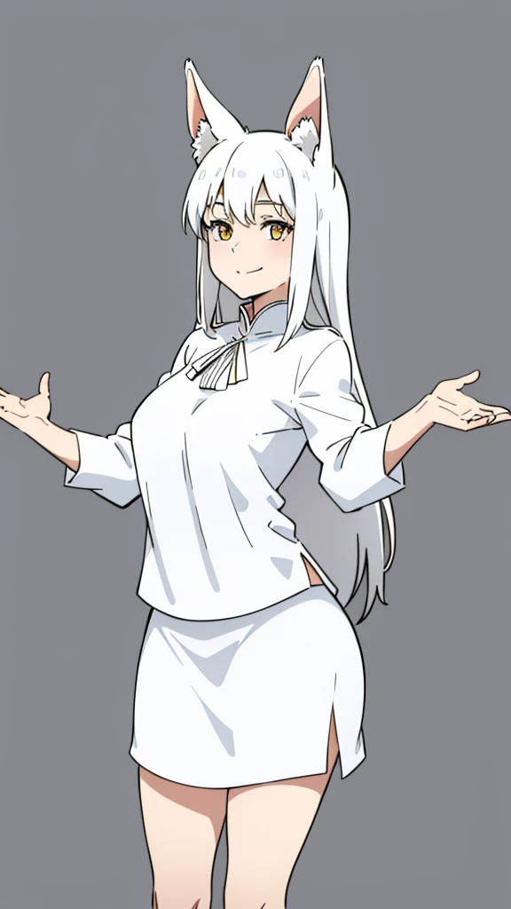 1girl ,solo,20s,mature female,white hair,long hair,fox ears,(simple background),white shirt,white skirt,smile,shrugging