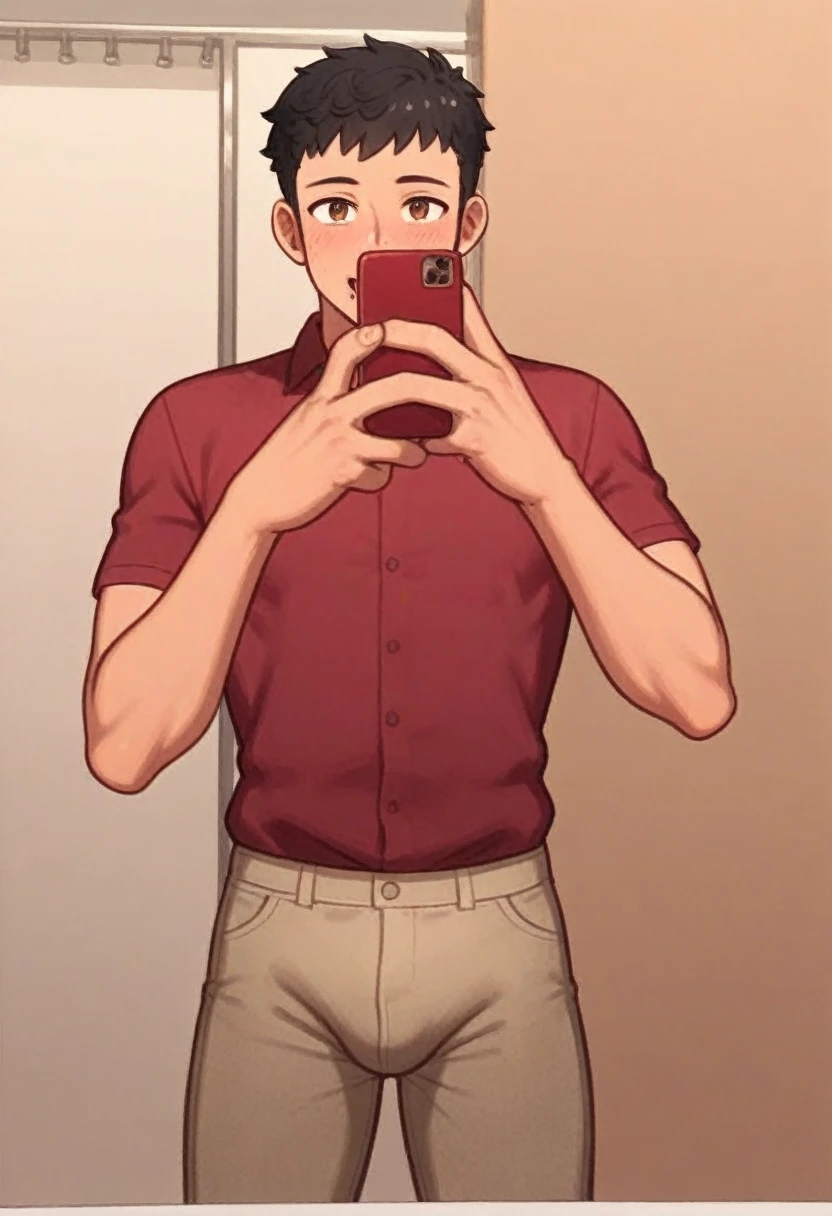 shampoochallenge, shampoo bottle, khaki pants, red polo shirt, male focus, cute face, 1boy, solo, phone, selfie, black hair, brown eyes, bathroom, sunna (nilsunna), aaaa (quad-a), rating_explicit