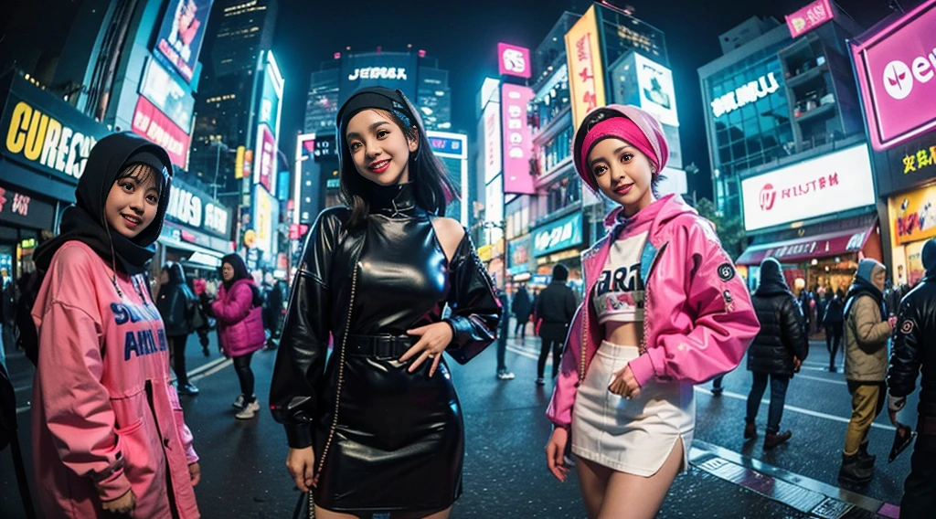 (3 cyberpunk malay girls in hijab wearing colorful Harajuku style pop outfit)), ((fisheye lens)), cowboy shot, wind, cyberpunk cityscape, (aesthetics and atmosphere:1.2), smiling, ((cinematic lighting))