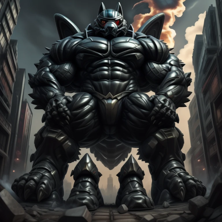 (masterpiece. official art. 8k. best quality. detailed full body. full body.)
(situation 1 : dominating LUCARIO. focus GIANT mechanical Muscular LUCARIO is trampling the CITY. macro. stomp. Low-angle perspective. emphasizing the immense size. The perspective is from below, emphasizing the sheer majesty and power of the Giant. giant art. He is much bigger than a skyscraper. Giga Giants. micro soccer field. looking down.)

(situation 2 :smoke and flames rising from the destruction in the city)

(Additional details 1: wearing a full-face helmet. helmet is jet black. The color of NANOSUIT is jet black. high-tech bio-mecha armor. real texture material. whole body shines like metal. Wearing cyberpunk mecha. emphasizes the muscles. suit fully made of metal. intricate armor. Robotic suit. suit fully made of metal. no face.). (Lucario has 5 toes.) Wearing a Full Face Toxic Gas Mask. no blue.
An arrogant expression.
smile at the corner of your mouth.

(Additional details 2: (Detailed head. Detailed Body. Detailed abs. gigantic muscles. HYPER MUSCLES. Gigachad Muscular. big muscle. pecs. triceps. traps. unusually developed muscular body. body full of huge muscles. showing off muscles. pectorales enormes. Exaggeratedly huge muscles. huge muscles. long legs.).

(Additional details 3: nj5furry, Spread wings. It has wings. black have big wings. The claws are sharp. Sharp teeth.5 toes.).  Wearing a Full Face Toxic Gas Mask. 