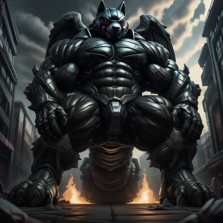(masterpiece. official art. 8k. best quality. detailed full body. full body.)
(situation 1 : dominating LUCARIO. focus GIANT mechanical Muscular LUCARIO is trampling the CITY. macro. stomp. Low-angle perspective. emphasizing the immense size. The perspective is from below, emphasizing the sheer majesty and power of the Giant. giant art. He is much bigger than a skyscraper. Giga Giants. micro soccer field. looking down.)

(situation 2 :smoke and flames rising from the destruction in the city)

(Additional details 1: wearing a full-face helmet. helmet is jet black. The color of NANOSUIT is jet black. high-tech bio-mecha armor. real texture material. whole body shines like metal. Wearing cyberpunk mecha. emphasizes the muscles. suit fully made of metal. intricate armor. Robotic suit. suit fully made of metal. no face.). (Lucario has 5 toes.) Wearing a Full Face Toxic Gas Mask. no blue.
An arrogant expression.
smile at the corner of your mouth.

(Additional details 2: (Detailed head. Detailed Body. Detailed abs. gigantic muscles. HYPER MUSCLES. Gigachad Muscular. big muscle. pecs. triceps. traps. unusually developed muscular body. body full of huge muscles. showing off muscles. pectorales enormes. Exaggeratedly huge muscles. huge muscles. long legs.).

(Additional details 3: nj5furry, Spread wings. It has wings. black have big wings. The claws are sharp. Sharp teeth.5 toes.).  Wearing a Full Face Toxic Gas Mask. 