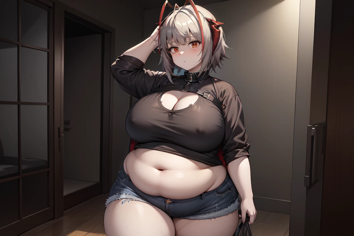 w_arknights, wide hips, torn clothes, massive hips, black buttoned shirt, jean shorts, apartment, glass walls, big cleavage