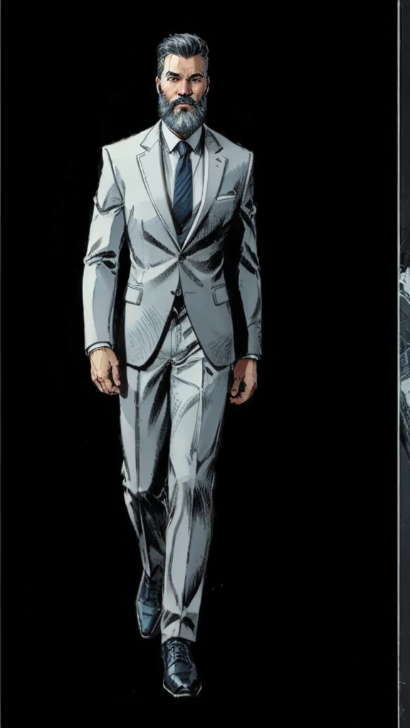 man looking at viewer, style marvel comics, full height body, front view, kindly smiling,detailed white beard,detailed face,short white haircut,wearing business suit,dark blue tie,gray pants,black shoes,white background,masterpiece,photorealistic,ultra-detailed,vibrant colors