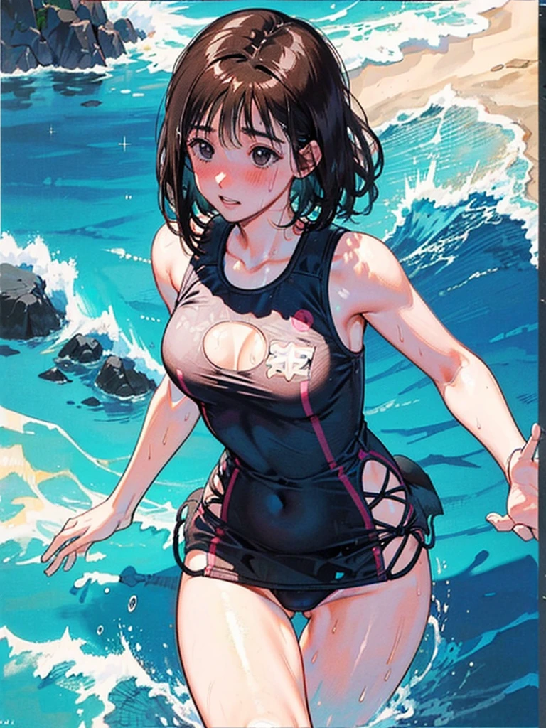 ランダムなポーズ、Random patterned swimsuit、Random patterned swimsuit,Swimsuit,Blushing、Medium Hair、Black Hair、Black Eyes、Head to toe full body、Blushing、Embarrassed look、Composition from the front、A view from slightly below、school swimwear、Acme Face、Random pose、, 、nsfw、Highest quality、1 girl、solo、Ocean、Sandy Beach、Sexy pose、Random pose、Blushing、wet、Embarrassed、I can see half of my 、、One piece swimsuit、(Strap slip:1.3)、