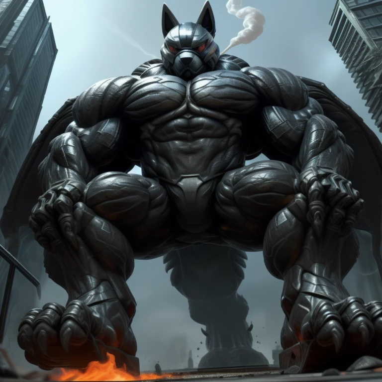 (masterpiece. official art. 8k. best quality. detailed full body. full body.)
(situation 1 : dominating LUCARIO. focus GIANT mechanical Muscular LUCARIO is trampling the CITY. macro. stomp. Low-angle perspective. emphasizing the immense size. The perspective is from below, emphasizing the sheer majesty and power of the Giant. giant art. He is much bigger than a skyscraper. Giga Giants. micro soccer field. looking down.)

(situation 2 :smoke and flames rising from the destruction in the city)

(Additional details 1: wearing a full-face helmet. helmet is jet black. The color of NANOSUIT is jet black. high-tech bio-mecha armor. real texture material. whole body shines like metal. Wearing cyberpunk mecha. emphasizes the muscles. suit fully made of metal. intricate armor. Robotic suit. suit fully made of metal. no face.). (Lucario has 5 toes.) Wearing a Full Face Toxic Gas Mask. no blue.
An arrogant expression.
smile at the corner of your mouth.

(Additional details 2: (Detailed head. Detailed Body. Detailed abs. gigantic muscles. HYPER MUSCLES. Gigachad Muscular. big muscle. pecs. triceps. traps. unusually developed muscular body. body full of huge muscles. showing off muscles. pectorales enormes. Exaggeratedly huge muscles. huge muscles. long legs.).

(Additional details 3: nj5furry, Spread wings. It has wings. black have big wings. The claws are sharp. Sharp teeth.5 toes.).  Wearing a Full Face Toxic Gas Mask. 