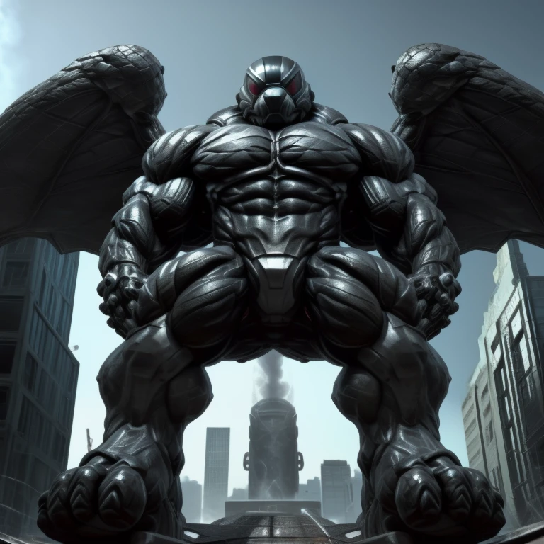 (masterpiece. official art. 8k. best quality. detailed full body. full body.)
(situation 1 : dominating LUCARIO. focus GIANT mechanical Muscular LUCARIO is trampling the CITY. macro. stomp. Low-angle perspective. emphasizing the immense size. The perspective is from below, emphasizing the sheer majesty and power of the Giant. giant art. He is much bigger than a skyscraper. Giga Giants. micro soccer field. looking down.)

(situation 2 :smoke and flames rising from the destruction in the city)

(Additional details 1: wearing a full-face helmet. helmet is jet black. The color of NANOSUIT is jet black. high-tech bio-mecha armor. real texture material. whole body shines like metal. Wearing cyberpunk mecha. emphasizes the muscles. suit fully made of metal. intricate armor. Robotic suit. suit fully made of metal. no face.). (Lucario has 5 toes.) Wearing a Full Face Toxic Gas Mask. no blue.
An arrogant expression.
smile at the corner of your mouth.

(Additional details 2: (Detailed head. Detailed Body. Detailed abs. gigantic muscles. HYPER MUSCLES. Gigachad Muscular. big muscle. pecs. triceps. traps. unusually developed muscular body. body full of huge muscles. showing off muscles. pectorales enormes. Exaggeratedly huge muscles. huge muscles. long legs.).

(Additional details 3: nj5furry, Spread wings. It has wings. black have big wings. The claws are sharp. Sharp teeth.5 toes.).  Wearing a Full Face Toxic Gas Mask. 