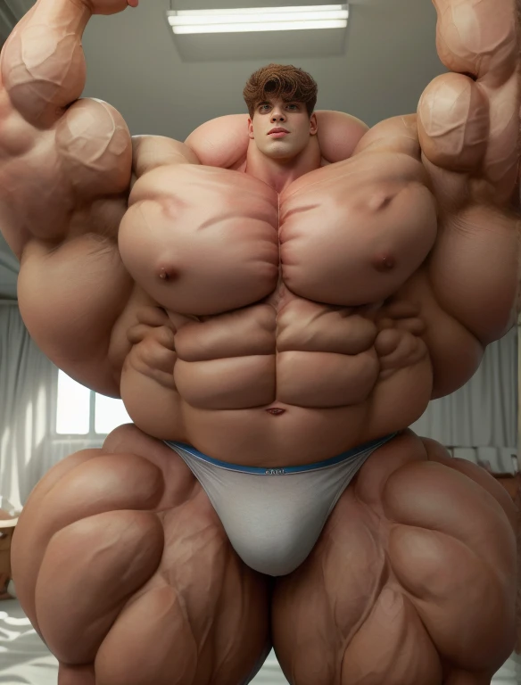 1boy, giant, giant bodybuilder, stand, illuminating light, strong body, bulk, large size, staring, armpit, in the white photo studio room, nude, lycra triangular underwear, prominent bulge, extraordinary big, brutalmass, giant, muscular body, bulk, buff, massive body, large meaty body size, extremely wide body