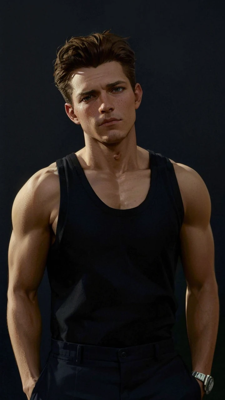 A shirtless muscular tom holland with wet oily body, wearing white wet underwear, standing in front of a white wall, highly detailed, photorealistic, 8k, hyper realistic, cinematic lighting, chiaroscuro, dramatic shadows, ultra-detailed skin pores and musculature