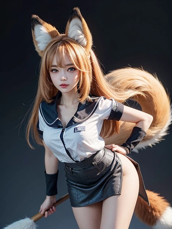 ((Highest quality)), ((masterpiece)), (Familiar), Perfect Face, fox lady, Pretty girl, Fox Ears, Fox tail, She has a northern fox tail, She wags her fluffy tail, She is a pretty office worker., Beautiful hip line, Thick thighs, One big tail, The tail is sticking out from under the skirt, Nice body, Shyly staring at his tail, Only one tail, a shy face