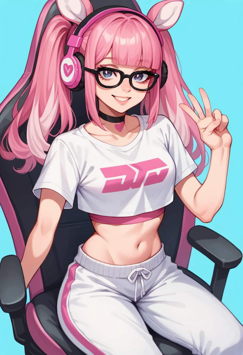 Masterpiece, pink gamer headphones, white gamer headphones, perfect face, smile, vramslace, 1girl, solo, long hair, looking at viewer, pink deer animal ears bangs, shirt, navel, twintails, pink hair, perfect hair, glasses, choker, midriff, pants, blunt bangs, two-tone hair, lips, crop top, v, blue background, t-shirt, black-framed eyewear, sitting, pink racing chair, white racing chair