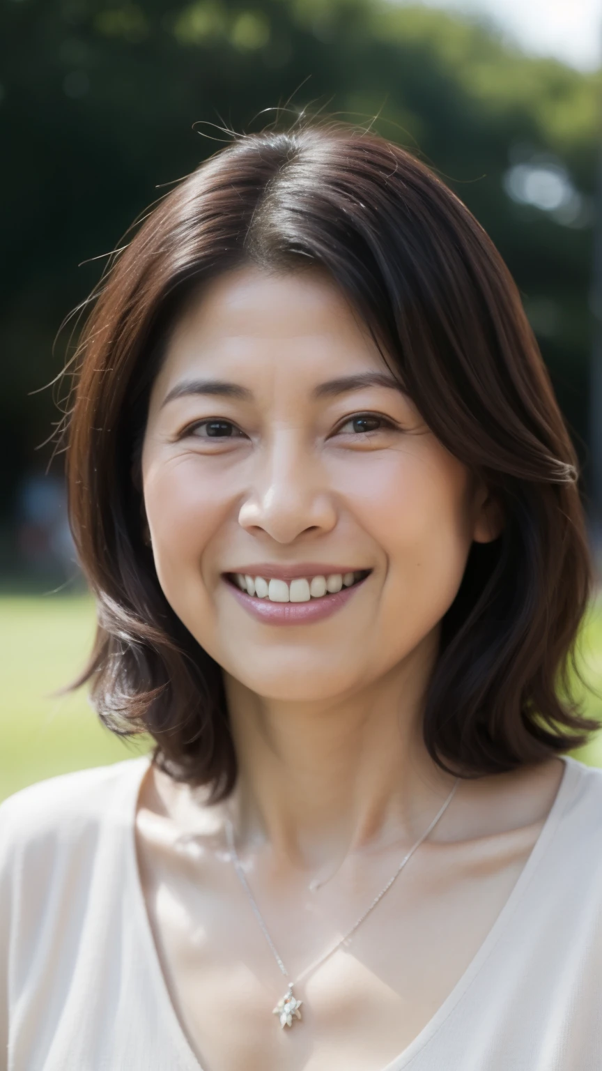 最high quality, In 8K, Overall image, Genuine, Sharp focus, high quality, High resolution, Detailed face, fine grain, Thick lips, Background Blur, alone, Middle-aged women, , 65 years old, , Wavy Hair, Cleavage, Wearing a plain short-sleeved knit, Standing in the park, Wrinkles around the eyes, Smiling with teeth showing