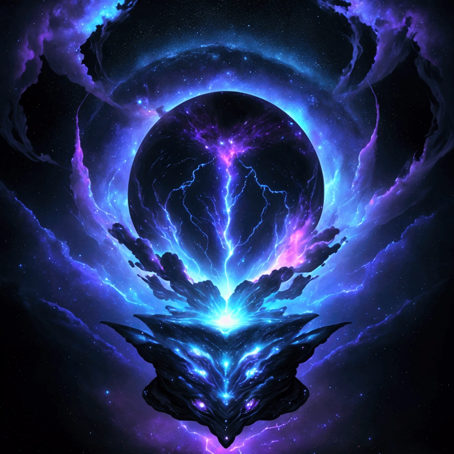 In the vast expanse of the cosmos, a nebula-shaped creature emerges before the serene surface of a distant planet. The creature's ethereal form undulates with an iridescent glow, as if infused with the essence of stardust. Amidst the swirling vortex of blue and purple hues, lightning bolts crackle through the darkness, casting an otherworldly ambiance upon the celestial scene.