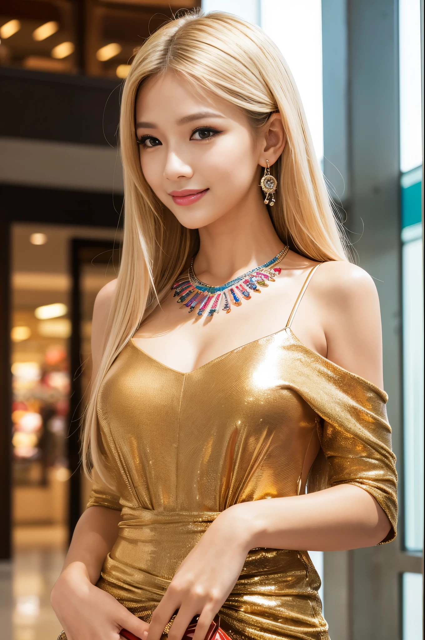 (masterpiece:1.4), (best quality:1.4), ultra high res, ultra high resolution, ((detailed facial features)), HDR, (realistic, photorealistic, photo-realistic:1.37), closeup, sexy seductive Thai woman, (seductive smile), long lashes, beautiful makeup, platinum blonde hair, fair skin, slender figure, elegant posture, wearing large sparkling colorful jewelery, wearing a business style leather dress, standing in a large shopping mall, gentle sunlight shining through the shopping mall windows, casting a soft glow on her face, adding warmth to the scene, vibrant colors, capturing the essence of vibrant city life, portrait style, showcasing her natural beauty and grace in a feminine way