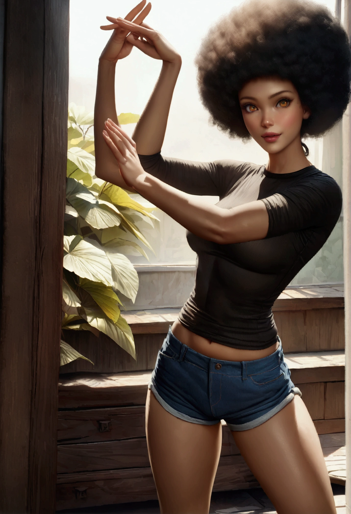 ((Dark African skin, Very deep ebony skin)), ((Its beauty is undeniable)), ((cute excited face)), ((Hyper detailed perfect eyes,)), ((pose mignonne)), ((Langue sortie)), ((Attirant )), sexy, (( Tight knit shirt, shorts courts sexy)), ((Afro curly African hair afro ponytail afro,)), (( peau)), ((debout, vue de face)), ((toucher ses propres jambes dans une pose sexy)), ((dehors, Ville publique)), CGI ciblé, Fotorrealista, High detail, Realstic, Master part, Absurde, Best quality, Hdr, highly quality, high-definition, extremly detailed, 8k wallpaper, intricate high detail, 8K UHD, Full-HD, (photo realist:1.2), contraste, intense illumination, lighting cinematic, natural lighting, hard light, contre-jour, Illumination globale, occlusion ambiante