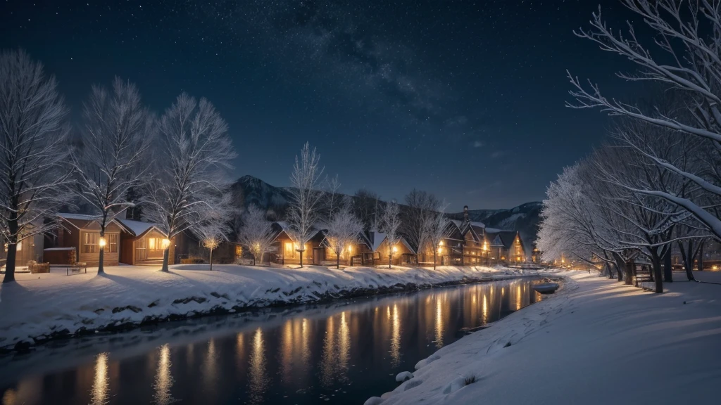 Winter night, Cold and serene symphony, Clear and deep blue night sky, Stars twinkling in the chilly air, Moonlight casting a silvery glow on the snow-covered ground, Earth blanketed in white snow, Moonlight reflections creating a silver-clad icy world, Trees swaying in the night wind, Branches adorned with glistening ice crystals, Village tranquility, Rising smoke from chimneys, Warmth amidst the icy landscape, Cold night with possible snowfall, Snowflakes shimmering in the lamplight, Pedestrians in heavy winter attire, Carrying warm lanterns, Leisurely strolls in the quiet winter night, Icy and serene winter evening, Adding a touch of tranquility and charm, Stars in the night sky like pearls, Cold and elegant beauty of the season, Epic wide shot, Realistic