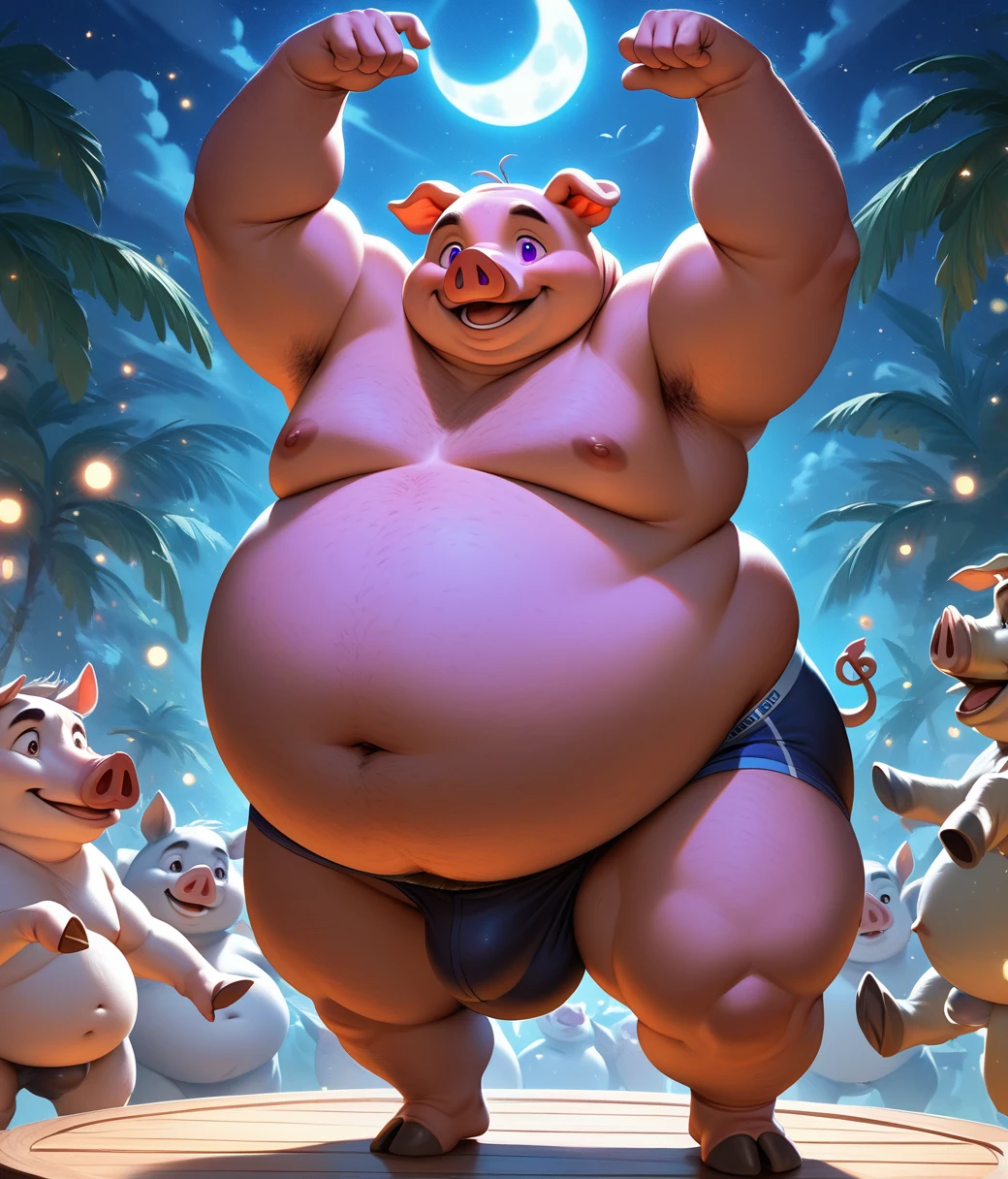 (cute, Obese, Overweight, male, anthro, pig), dancing, luminiscent purple eyes, nude, hipster briefs, big bulge, sagging man moobs, fat pad, belly overhang, thick thighs, adorable, magical oasis, fantasy, night time, moonlight, magical, extremely detailed, beautiful, whimsical,