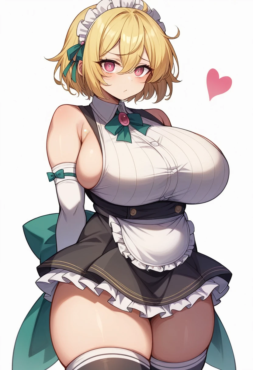 (One girl)、(bob cut)、((Blonde))、（Sato Air）、(slan eyes)、（boyish）、cute、(Big super breasts)、Chubby、Maid clothes、No sleeve、mini skirt、White sleeveless、thigh-high socks thighhighs、(long gloves)、hairs between eyes、(coarse hair)、flipped hair、pink eye、(say)、[Troubled face]、arm behind back、White Background