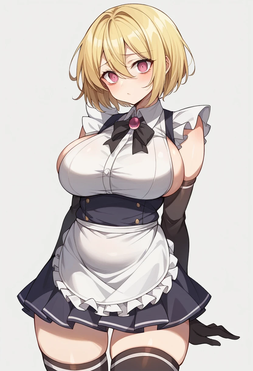 (One girl)、(bob cut)、((Blonde))、（Sato Air）、(slan eyes)、（boyish）、cute、(Big super breasts)、Chubby、Maid clothes、No sleeve、mini skirt、White sleeveless、thigh-high socks thighhighs、(long gloves)、hairs between eyes、(coarse hair)、flipped hair、pink eye、(say)、[Troubled face]、arm behind back、White Background