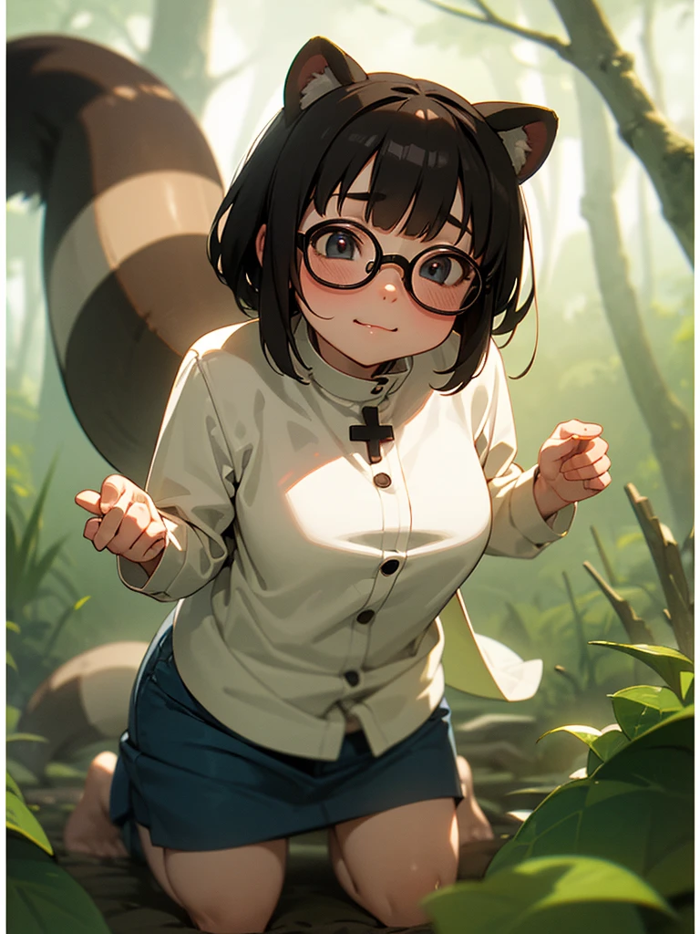 (Sumilux f1.4 75mm , low Latitude old color negative film , cross process , bokeh, flare, chromatic aberration , soft focus, (Shallow focus) , soft glow , Maximum aperture, High Key , Transparent depiction) , kawaii anime female raccoon dog , butter face , two apart melons , Thick-rimmed glasses , in the foggy forest , clothed erotica , Kneeling , (looking up to the sky) , doggy style , pee , dripping liquid from crotch , A sloppy look