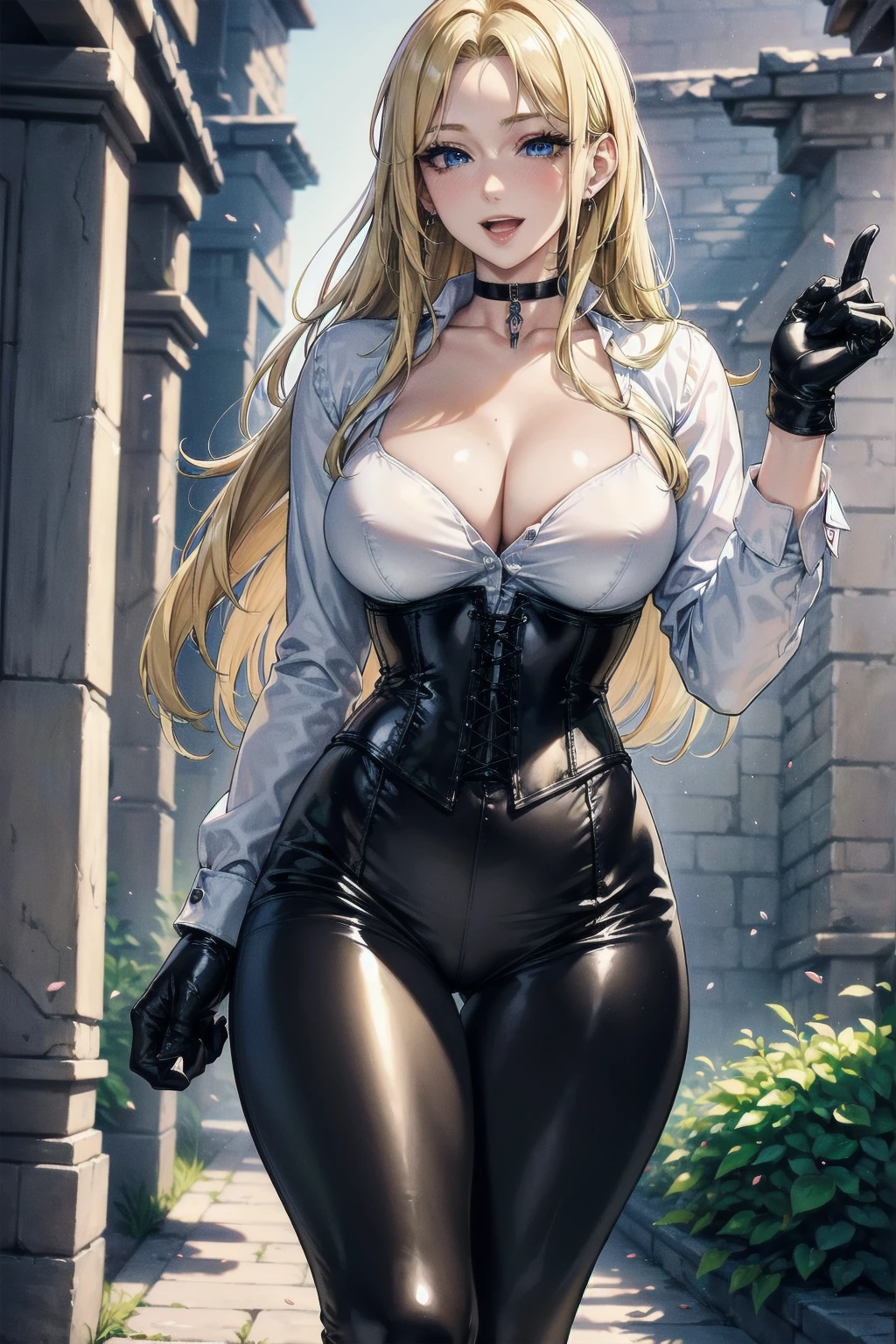 Masterpiece, Superior image quality, high resolution, 4k image,photo and gross, photorealistic, whole body, ung blonde of 15 years, walking, {{{vagina}}}, big breasts, beautiful face, long blonde hair, Blue eyes, very detailed eyes, pink cheeks, happy expression, draw smile with open mouth, choker:1.6, (white collar button down long sleeve shirt), black gloves, gloves that cover hands, (black leather corset), (shiny black leggings), Sensual Lips, show details in the eyes, View from the front, looking at the viewer, walking en una aldea medieval de fondo, at daytime