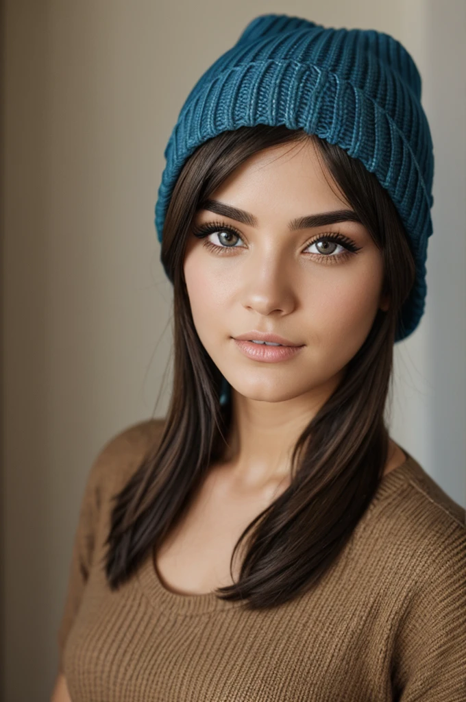 A lovely young woman with tanned skin, sparkling eyes with mischief, shoulder-length chestnut brown hair, with a beanie 