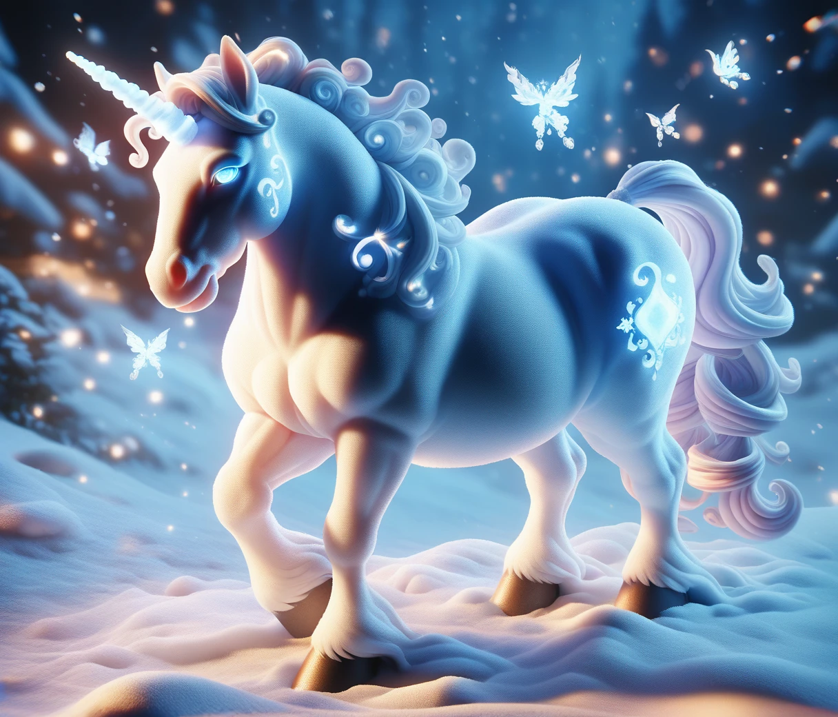 (chubby male horse cub), fullbody, SnowStyle, luminiscent lilac eyes, high quality fantasy art of a beautiful adorable made of snow, glowing within, adorable, magical oasis, fantasy, night time, moonlight, magical, extremely detailed, beautiful,whimsical, high resolution image