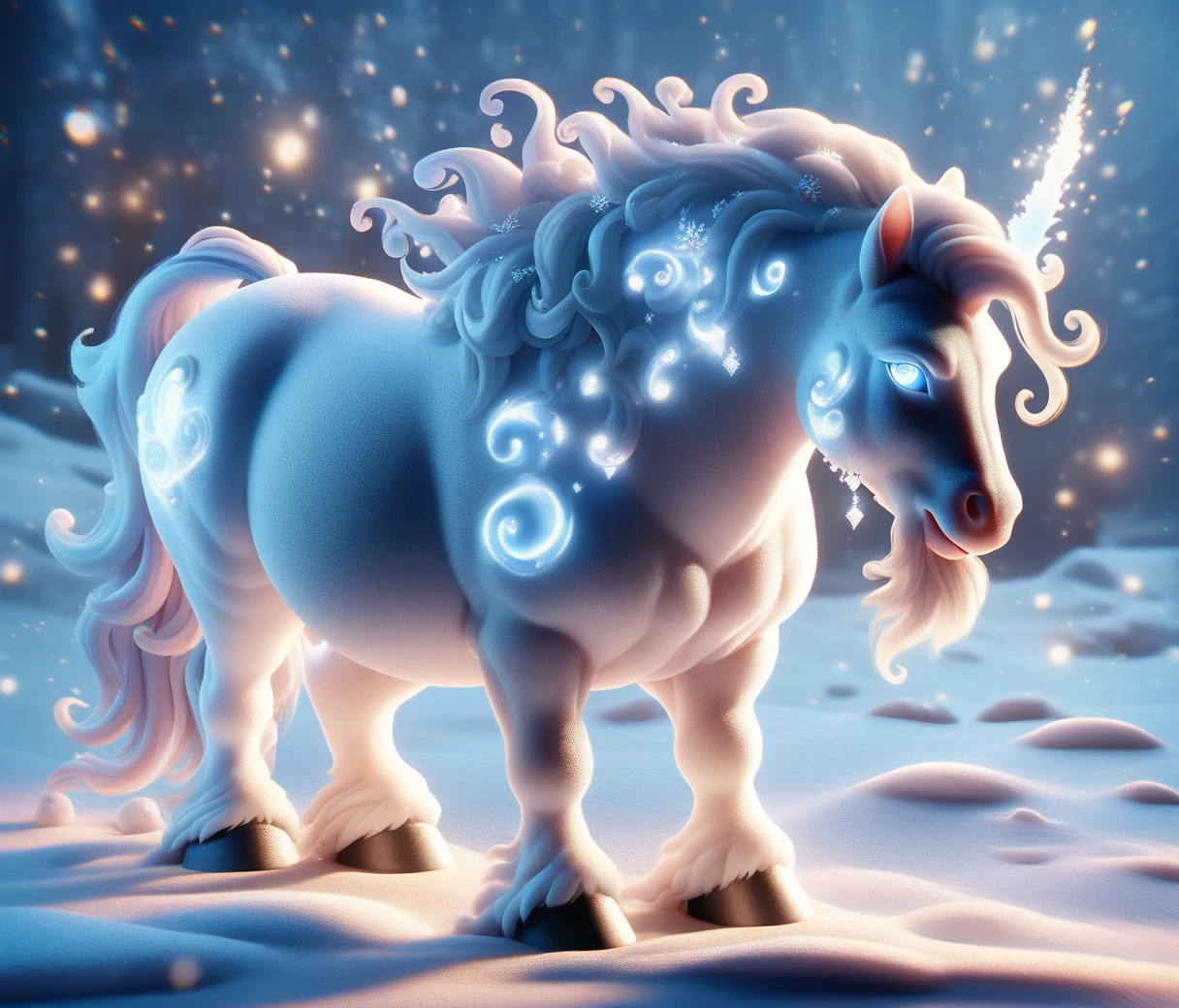 (chubby male horse cub), fullbody, SnowStyle, luminiscent lilac eyes, high quality fantasy art of a beautiful adorable made of snow, glowing within, adorable, magical oasis, fantasy, night time, moonlight, magical, extremely detailed, beautiful,whimsical, high resolution image